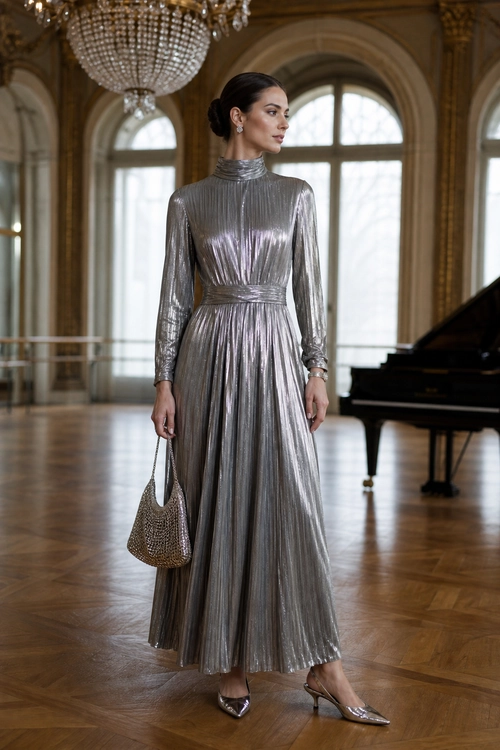 A woman wears a long-sleeved metallic silver pleated dress with a high neckline, matching handbag, and pointed heels.
