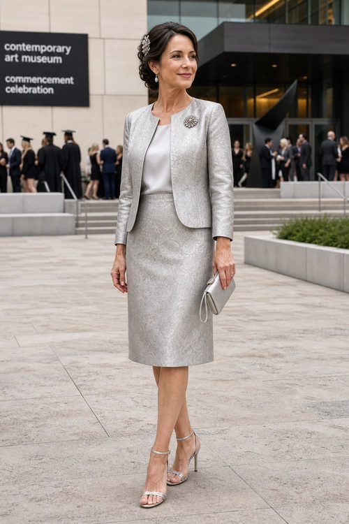 A woman wears a silver textured skirt suit over an ivory blouse with strappy heels and carries a matching clutch.