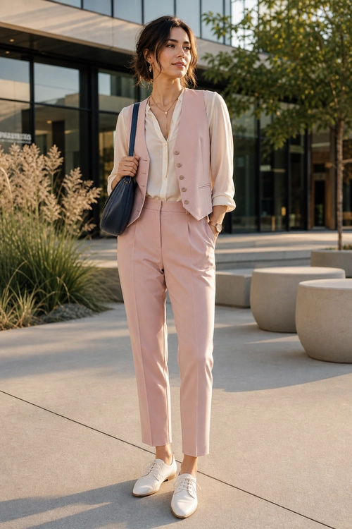 Soft Pink Tailored Outfit Woman wearing a pale pink tailored vest and trousers with a cream blouse, white sneakers, and a navy shoulder bag.
