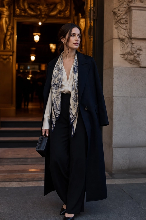 Tailored Coat and Printed Scarf A woman wears a long dark coat over a cream blouse, printed scarf, wide-leg trousers, and black pointed shoes while carrying a small black handbag.