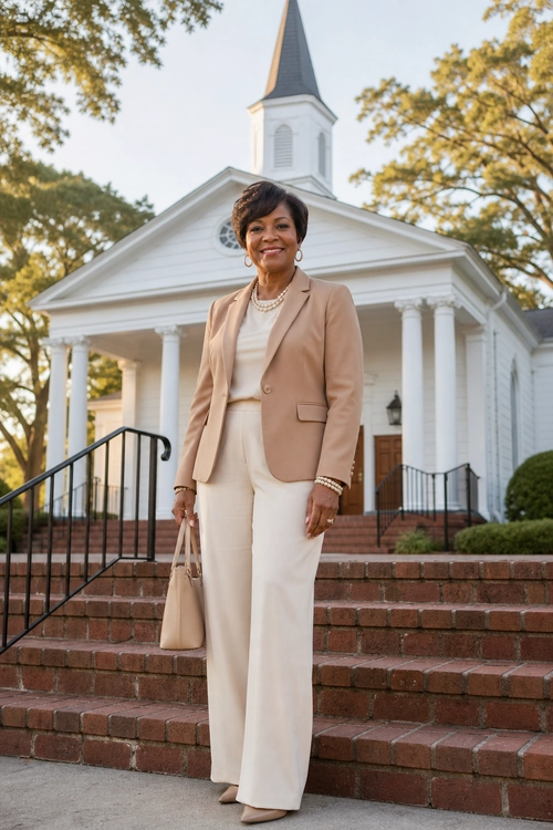 A woman wears a tan blazer over a cream top with matching wide-leg trousers, beige pointed shoes, a handbag, and pearl jewelry.
