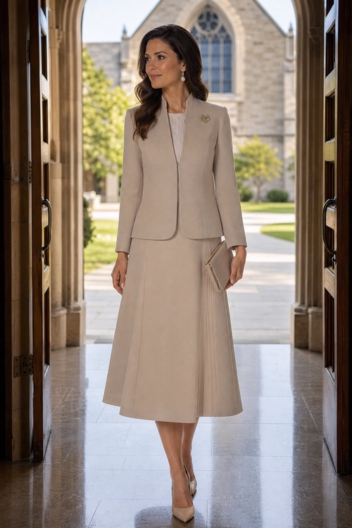 Taupe Blazer and Skirt Ensemble A woman wears a tailored taupe blazer with a matching midi skirt, pleated blouse, clutch, brooch, drop earrings, and pointed-toe pumps.