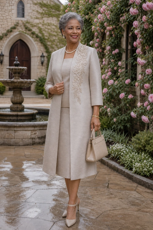 A woman wears a taupe embroidered long coat over a matching dress with pointed heels and a structured handbag in a rose-filled garden.