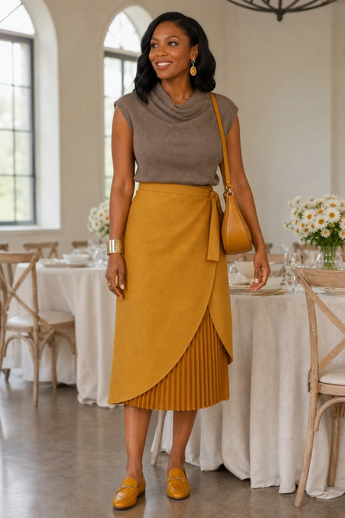 A woman wears a taupe sleeveless draped top with a mustard wrap skirt layered over pleats, matching loafers, and a shoulder bag.