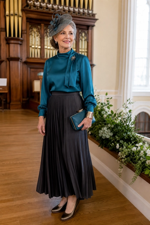 A woman wears a teal high-neck blouse with a neck tie, dark pleated skirt, gray fascinator, matching clutch, bracelet, and metallic pumps.
