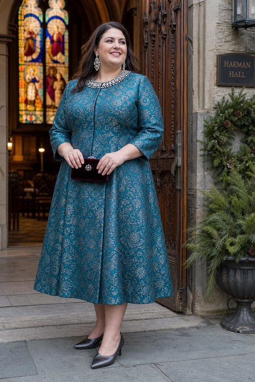 Teal Brocade Midi Dress Outfit A woman wears a teal brocade midi dress with statement jewelry, a burgundy clutch, and black pointed heels outside a church entrance.