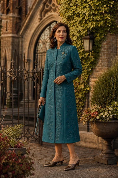 Teal Embroidered Coat Dress A woman wears a teal embroidered coat dress with a high collar, brooch, matching clutch, and brown pointed heels.