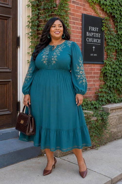 A woman wears a teal long-sleeve embroidered midi dress with burgundy pointed heels, hoop earrings, and a structured brown handbag.