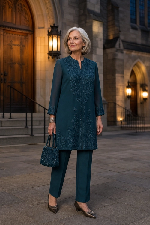Teal Embroidered Tunic and Trousers A woman wears a teal embroidered tunic with matching trousers, a textured handbag, and pointed-toe shoes.