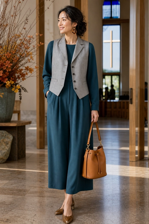 A woman wears a teal wide-leg jumpsuit with a tailored gray vest, brown pointed-toe shoes, and a brown handbag.