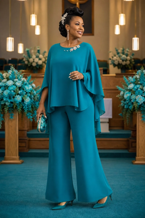 A woman wears a flowing teal layered top with wide-leg trousers, pointed heels, a metallic clutch, and sparkling jewelry.