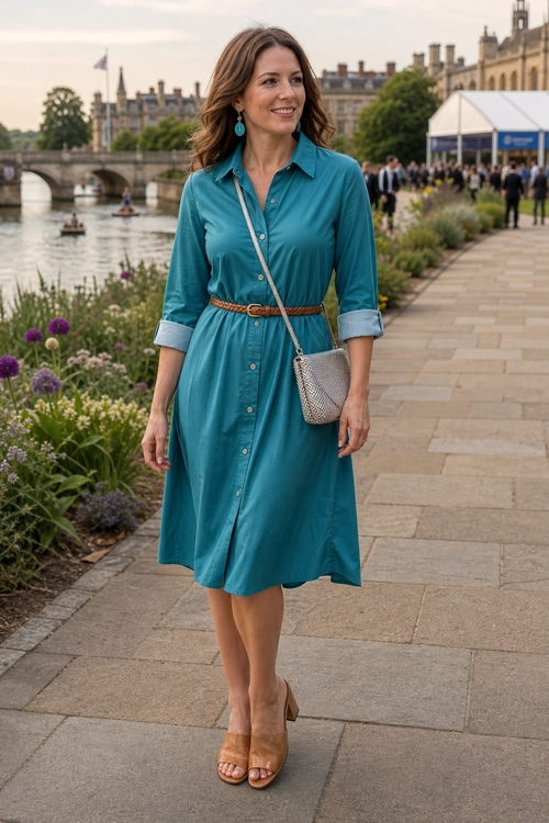 Teal Shirt Dress Outfit Woman wearing a teal button-front shirt dress with rolled cuffs, a brown woven belt, a silver crossbody bag, turquoise earrings, and tan heeled sandals.