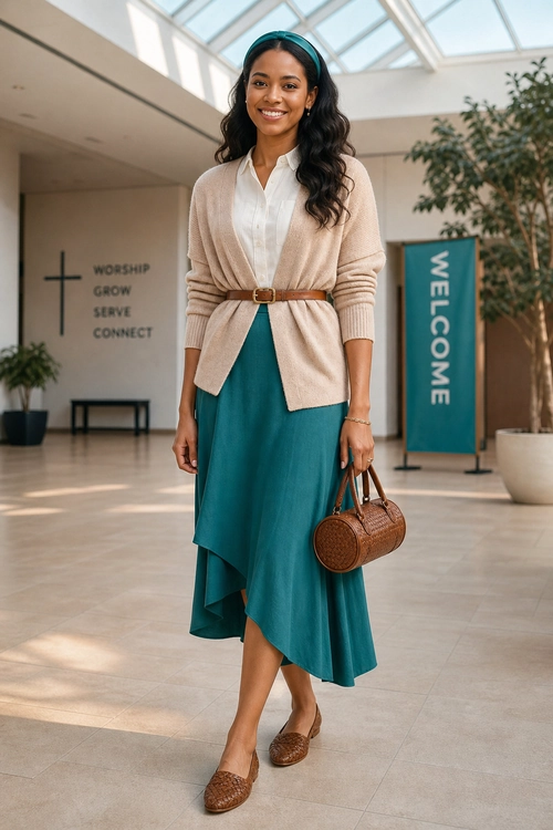 A woman wears a teal asymmetrical midi skirt with a white blouse, beige cardigan, brown belt, woven handbag, and matching woven flats.