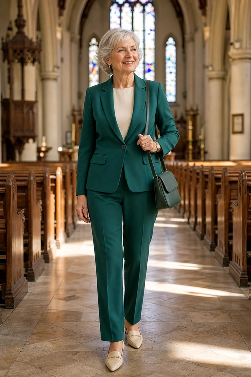 Teal Tailored Suit with Ivory Top A woman wears a teal tailored blazer and matching trousers with an ivory top, structured shoulder bag, and cream loafers.