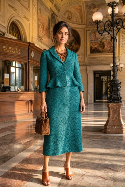 Woman wearing a teal textured jacket and matching midi skirt with a woven handbag and heeled sandals.