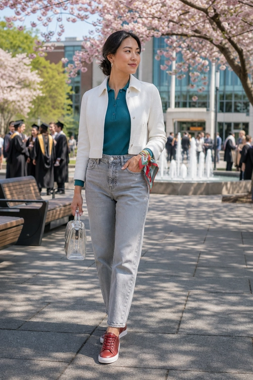 A woman wears a teal collared top, cropped white jacket, light gray jeans, and red sneakers while carrying a transparent handbag.