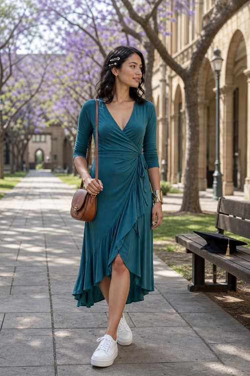 A woman wears a teal three-quarter-sleeve wrap dress with white sneakers, a brown crossbody bag, hair clips, and a metallic bracelet.