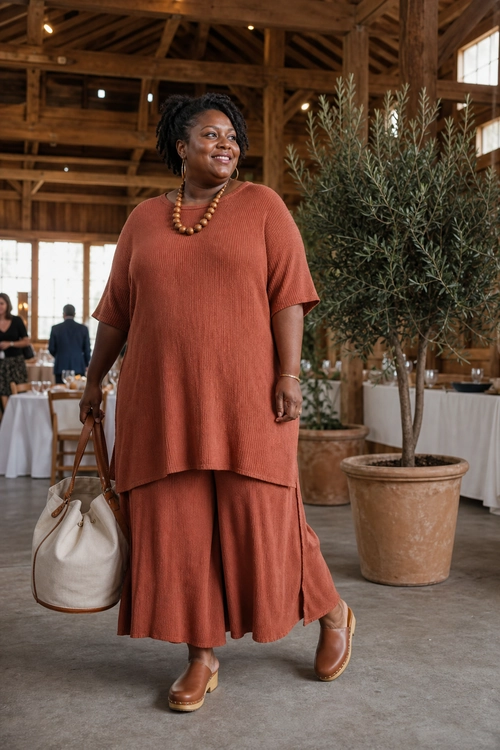 A woman wears a terracotta ribbed tunic and wide-leg pants with brown footwear, a white tote bag, and a wooden bead necklace.