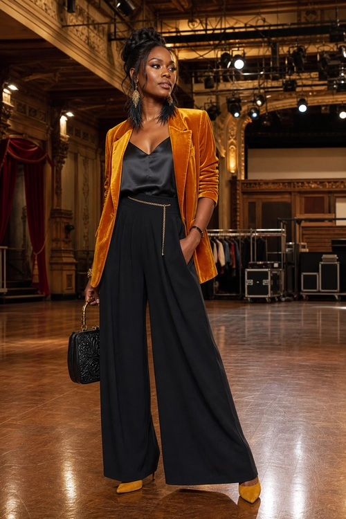 A woman wears a mustard velvet blazer over a black satin camisole and wide-leg trousers with a gold chain belt, pointed shoes, earrings, and a black handbag.