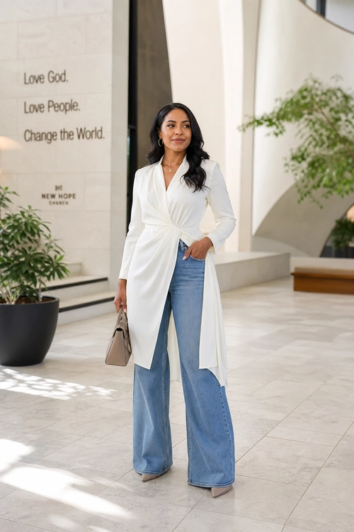 Woman wearing a long white wrap-style top with light blue wide-leg jeans, pointed shoes, and a taupe handbag.