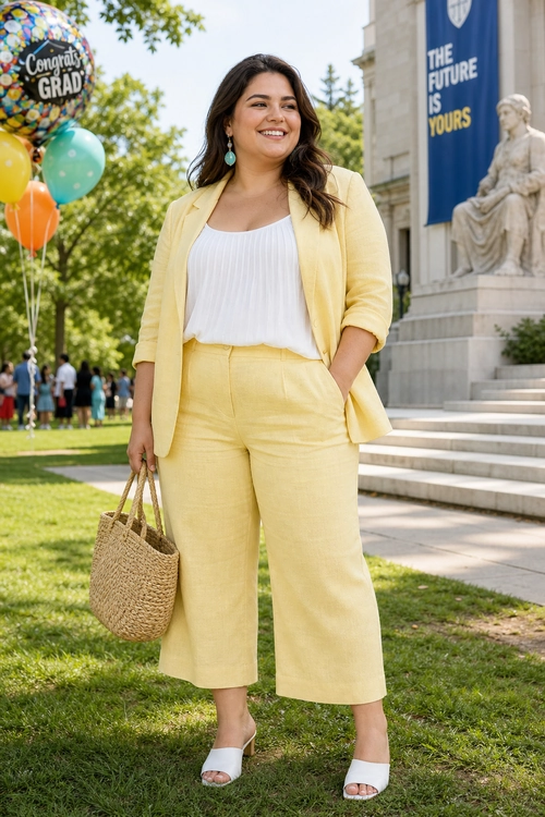 Yellow Blazer and Cropped Trousers Outfit A woman wears a yellow blazer with matching cropped wide-leg trousers, a white pleated top, white open-toe shoes, and a woven tote.