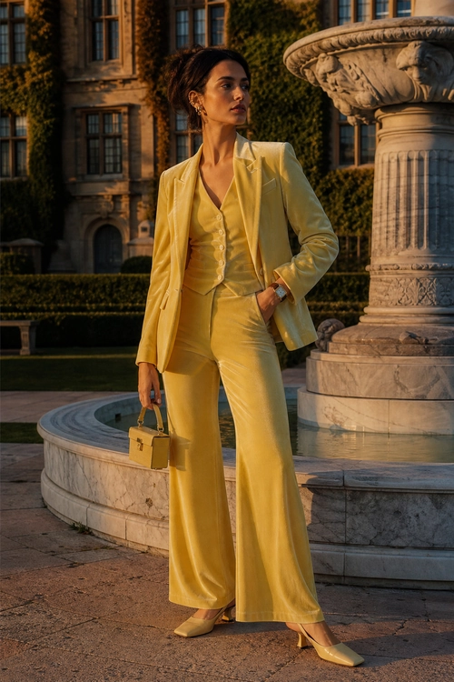 A woman wears a yellow satin blazer, buttoned waistcoat, wide-leg trousers, pointed-toe heels, and carries a structured handbag.