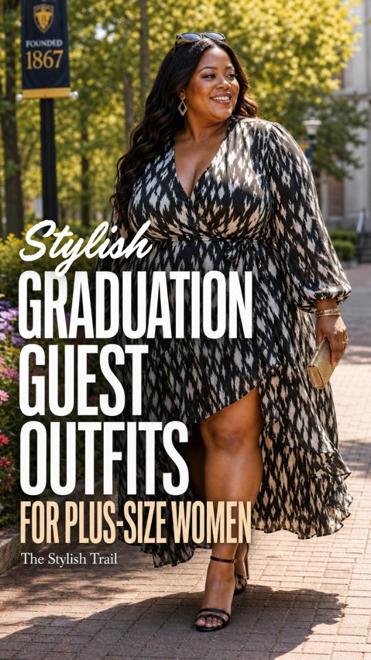 A plus-size woman wears a graduation guest outfit with black-and-white patterned long-sleeve wrap dress, black sandals