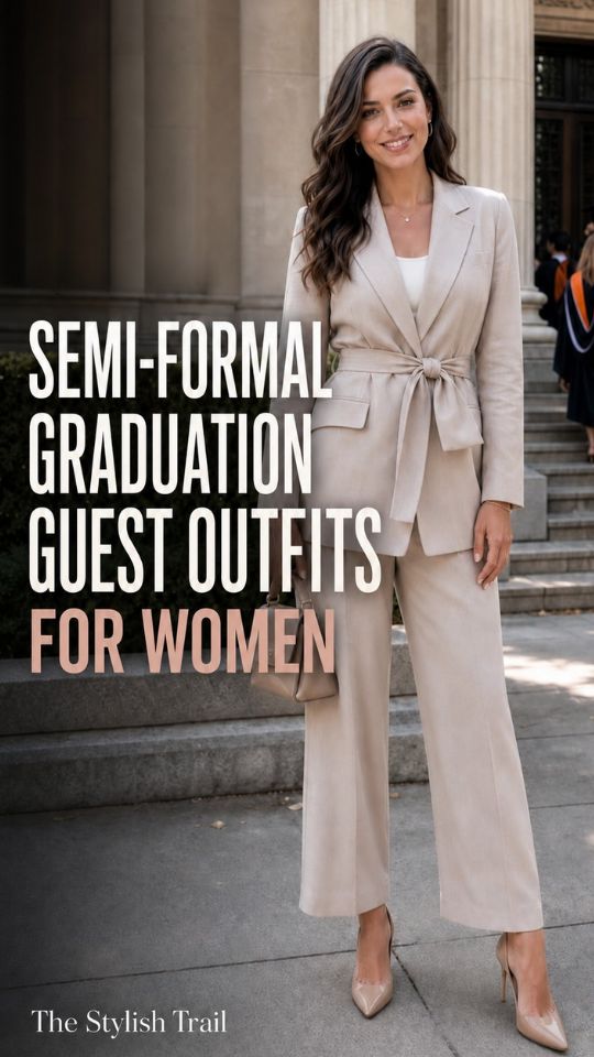 A woman wears a belted beige blazer, matching wide-leg trousers, a white top, pointed heels, for semi-formal graduation guest outfits for women