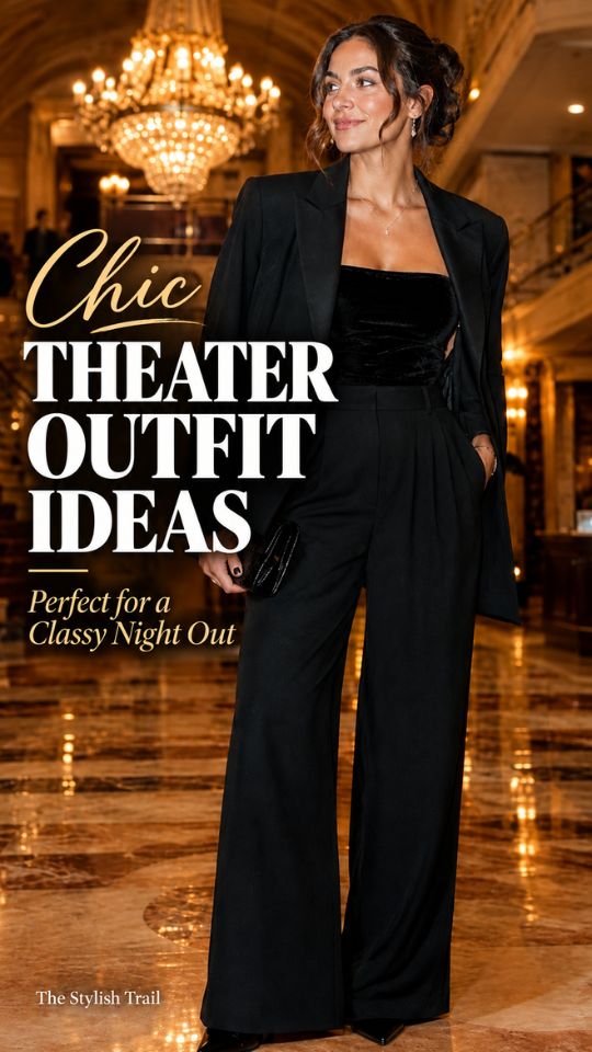 A woman wears a black top with black wide-leg trousers, pointed shoes, and a clutch for a theater outfit