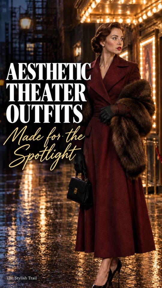 A woman wears a burgundy long coat with heels and a handbag for an aesthetic theater outfit for women