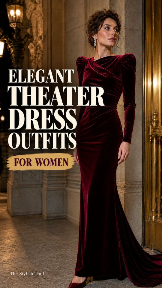 A woman wears a burgundy velvet square-neck gown with long sleeves, gold drop earrings, a black clutch, and pointed heels on theater steps, illustrating elegant theater dress outfits for women