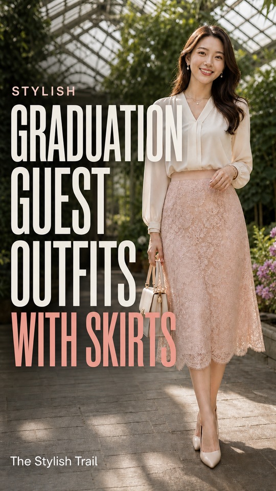 A woman wears a cream blouse, blush pink lace midi skirt, pointed pumps, and a light handbag in a sunlit conservatory garden, illustrating graduation guest skirt outfits for women
