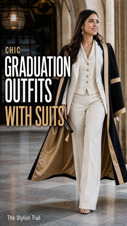 A woman wears a cream tailored vest and trousers beneath a black, gold-trimmed cape in a graduation suit outfit for women