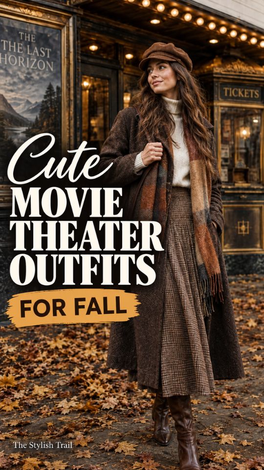 A woman wears a dark brown long coat with a cream sweater, boots, skirt and a scarf for a cute movie theater outfit for fall