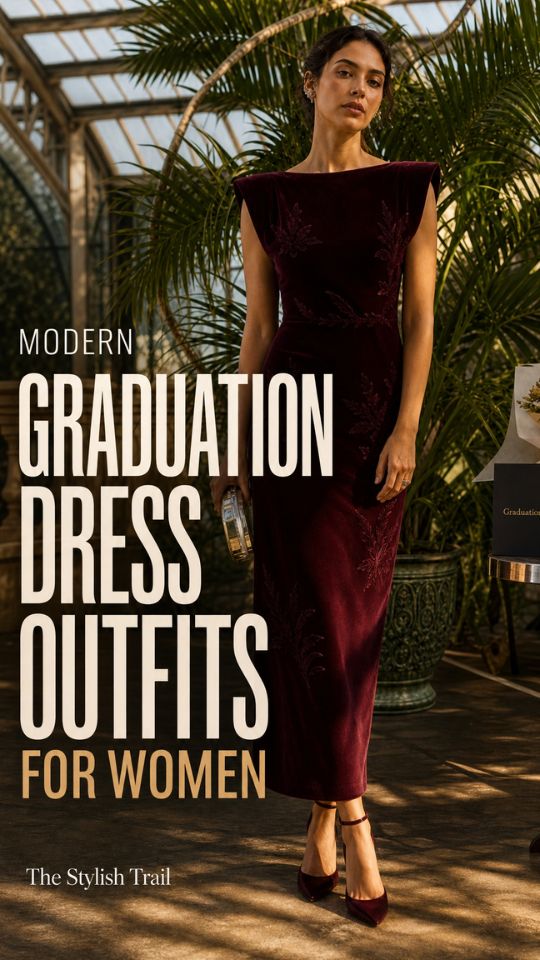 A woman wears a fitted burgundy velvet midi dress with floral embroidery, pointed heels, and carries a metallic clutch for Graduation Dress Outfits for Women