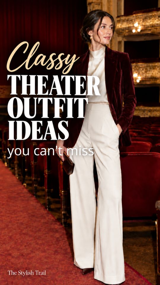 A woman wears a ivory blouse with cream wide-leg trousers, pointed shoes, and a clutch for a classy theater outfit