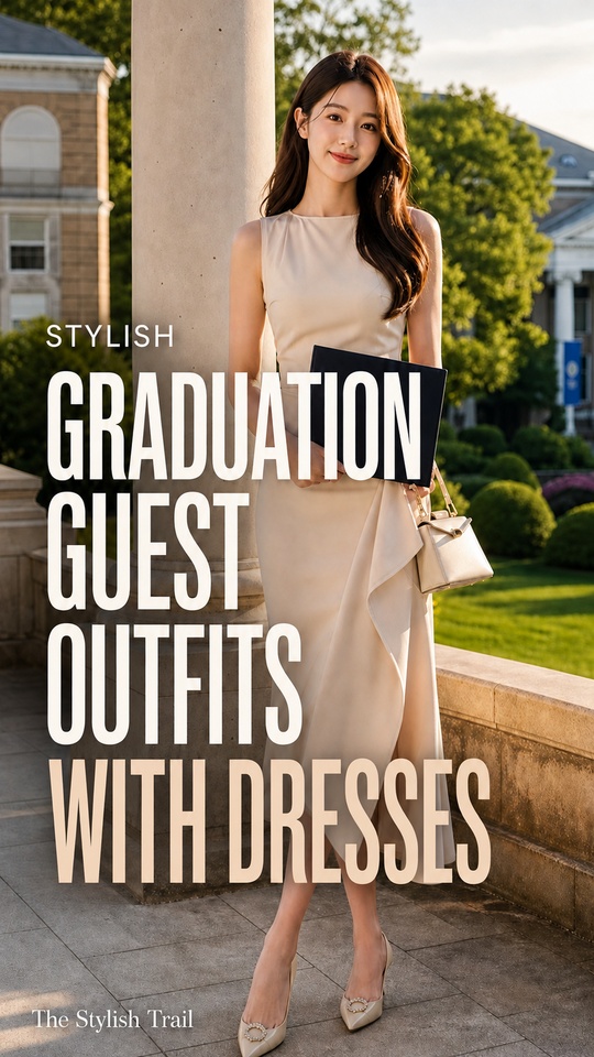 A woman wears a ivory dress with pointed heels and a handbag for a graduation guest outfit with dresses for women