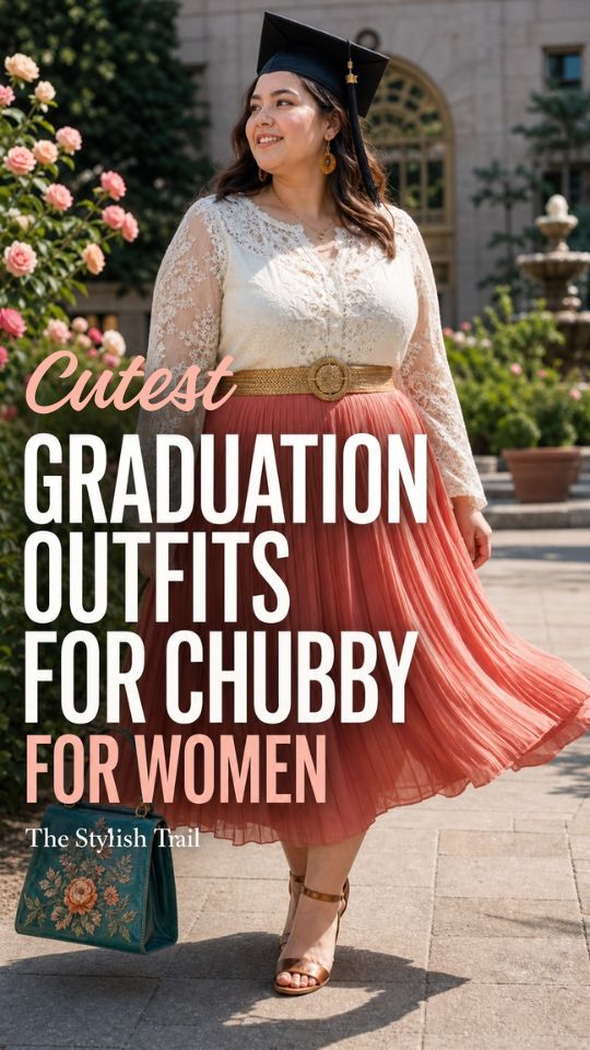 A woman wears a ivory lace top, coral pleated skirt, tan belt, heeled sandals, for graduation outfits for chubby women