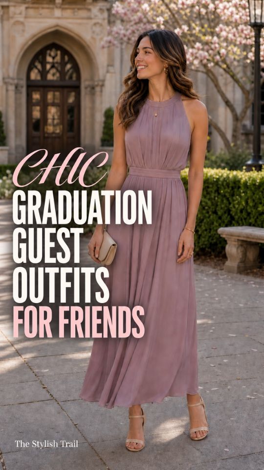 A woman wears a mauve sleeveless pleated maxi dress with beige strappy heels and a matching clutch, illustrating graduation guest outfit ideas for a friend