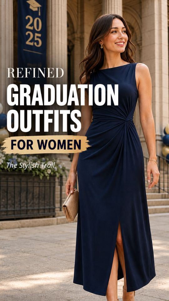 A woman wears a navy dress with strappy sandals and a clutch for a graduation outfit for women
