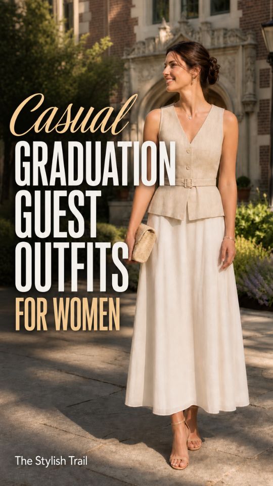 A woman wears a sleeveless beige belted vest, cream skirt, and strappy sandals, illustrating casual graduation guest outfits for women
