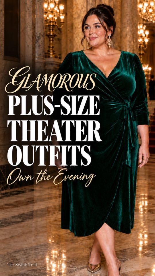 A woman wears an emerald green velvet wrap dress with long sleeves, drop earrings, a black clutch, and pointed metallic pumps for plus-size theater outfits