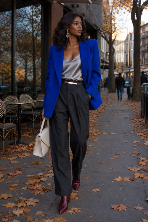 Black woman in a cobalt blazer and dark trousers