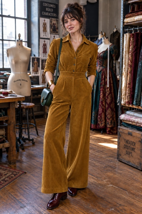Woman in a mustard corduroy jumpsuit.