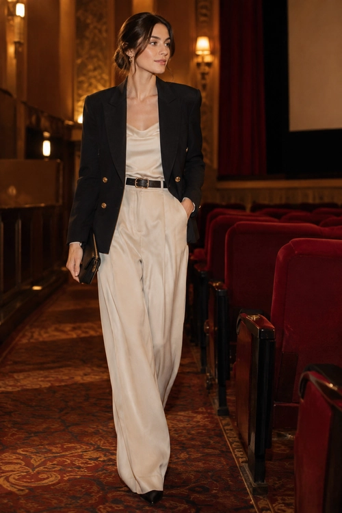 A woman wears a tailored black blazer over an ivory draped top with wide-leg trousers, a black belt, and a small black clutch.