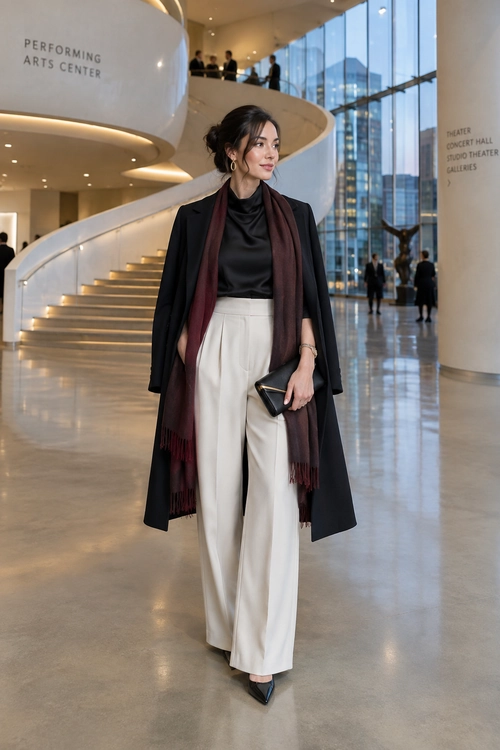 A woman wears a long black coat over a black draped-neck top with ivory wide-leg trousers, a burgundy scarf, and pointed black shoes.