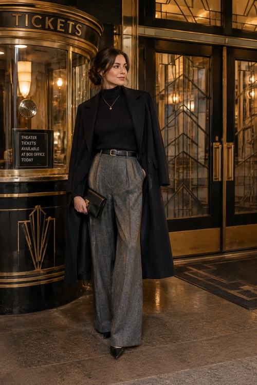 A woman wears a long black coat over a black turtleneck with gray wide-leg trousers, a belt, clutch, necklace, and pointed shoes.
