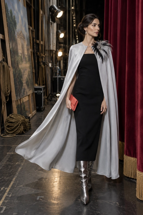 Black Dress with Silver Cape A woman wears a fitted black midi dress with a flowing silver cape, feather shoulder detail, metallic boots, and a red clutch.