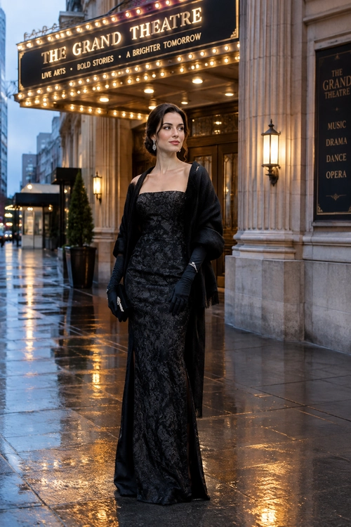 A woman wears a floor-length black textured dress with a square neckline, black gloves, and a draped outer layer outside a theatre.