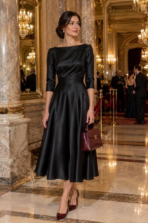 Black Satin Midi Dress Evening Look A woman wearing a black satin midi dress with three-quarter sleeves, burgundy pointed heels, and a matching burgundy handbag in an ornate interior.